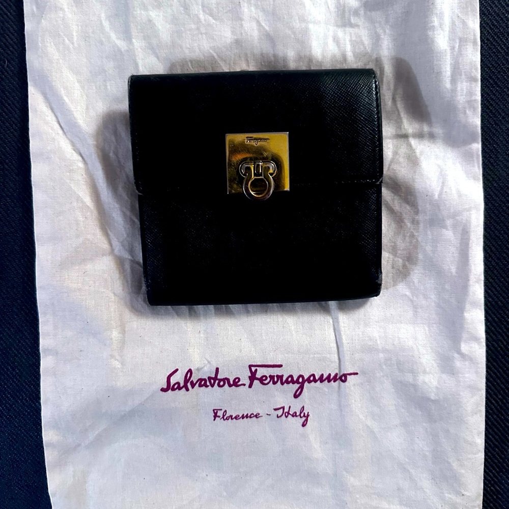 Salvatore Ferragamo Black Leather tri fold wallet